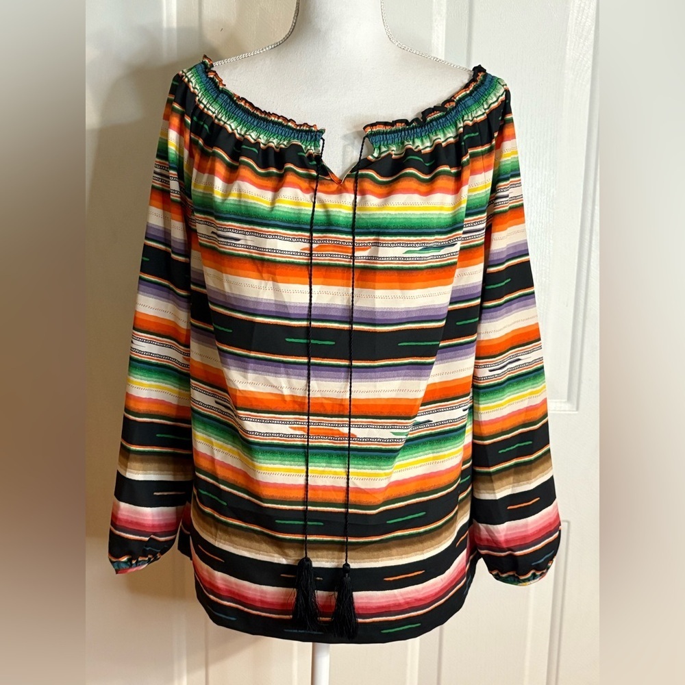 Lauren Ralph Lauren Stripe Southwestern Style Blouse with tassels. Size M